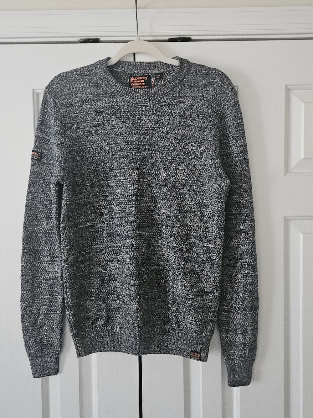 Superdry Gray Crew Neck Cotton Tight-Knit Pullover Sweater Logo Men's M